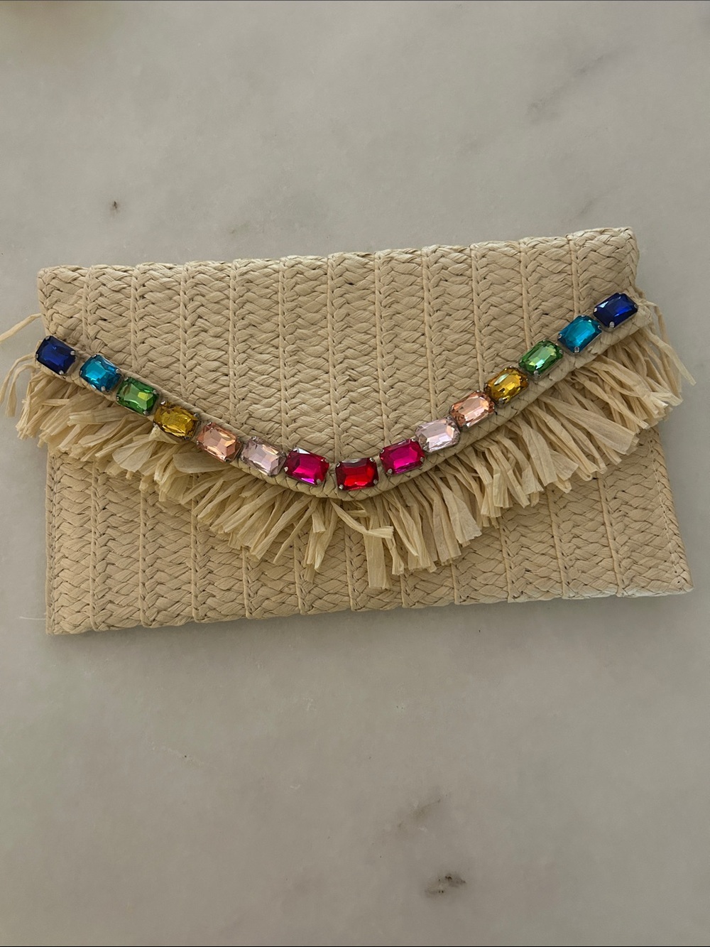 btb Los Angeles Beige Raffia Fringe Envelope Clutch with Multicolor Gem Trim